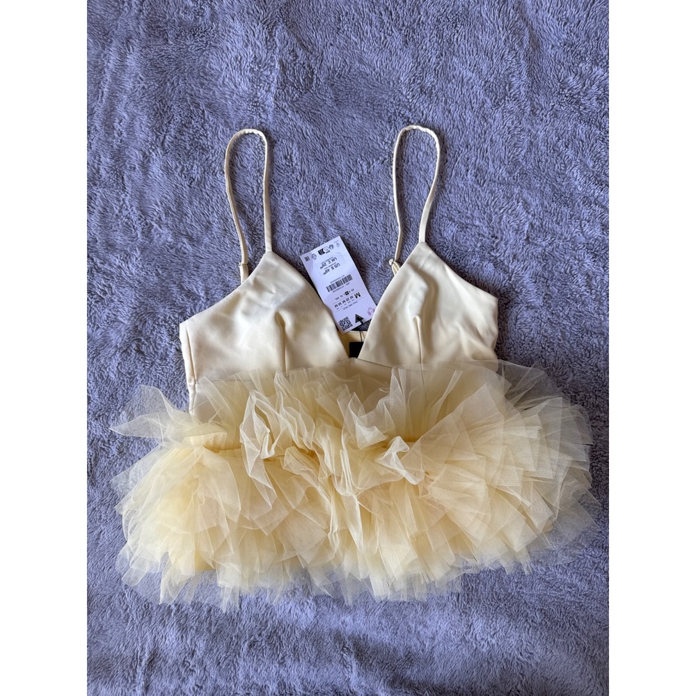 Zara Tulle Ruffle Camisole Top Pale Yellow Cream V-Neck Party Blouse  M